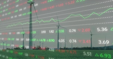 Overlay appearing over wind farm while graph oscillating and metrics shifting for energy monitoring - Powered by Adobe