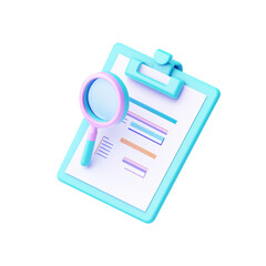 Blue clipboard icon with checklist and magnifying glass in a 3D illustration

