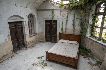 Obraz premium Abandoned room with a wooden bed and decayed walls