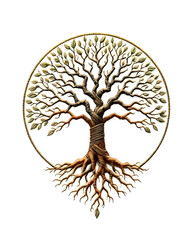 Boho Mystical Tree Design with Roots and Branches Forming a Circle, Embroidered Texture Effect, Ancient Symbol of Life and Balance
