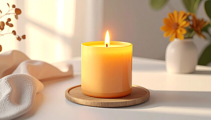 3D of a bright color a scented candle on a cozy tabletop setting