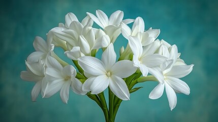 Fototapeta premium Close-up of a cluster of white flowers against a teal background