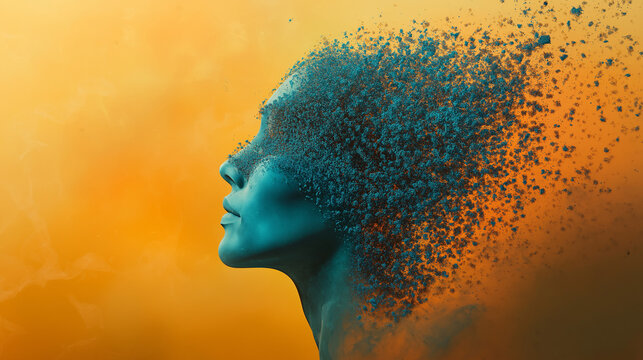 Abstract human head with dispersion effect. Overthinking and complexity concept. This is a 3d render illustration