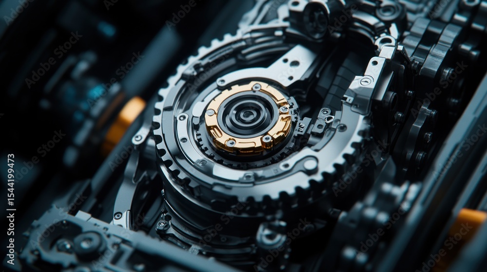 Poster close-up view of intricate engine gears and components