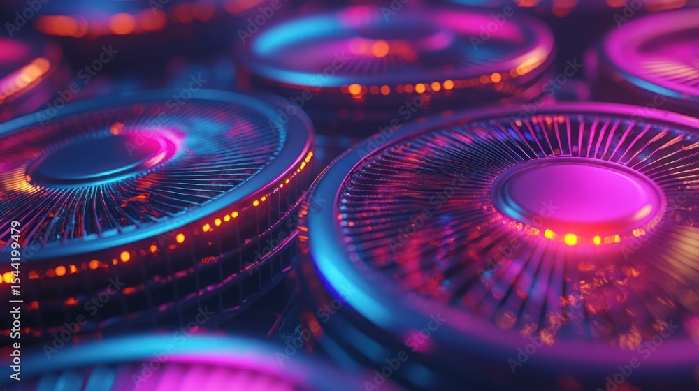 Poster close-up view of multiple, metallic, circular components with intricate vanes, illuminated by vibran