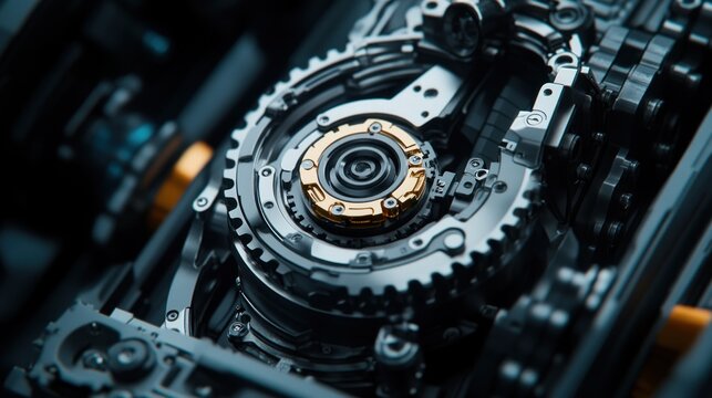 Close-up view of intricate engine gears and components