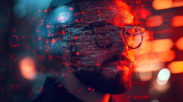 Digital identity and cybersecurity abstract concept, man and data stream