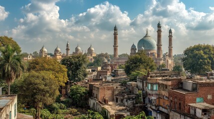Obraz premium Lucknows Grandeur Islamic Architecture against a Cloudy Sky in India.