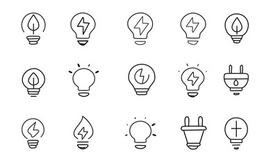 Vector icon set of energy-saving elements including LED light bulb, solar panel, eco battery, and green power symbols for sustainable technology and environmental design projects


