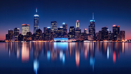 Fototapeta premium City skyline reflecting on water at night with illuminated buildings 