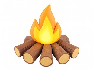 3D icon of a campfire with glowing embers and wooden logs, cozy outdoor element, isolated on white