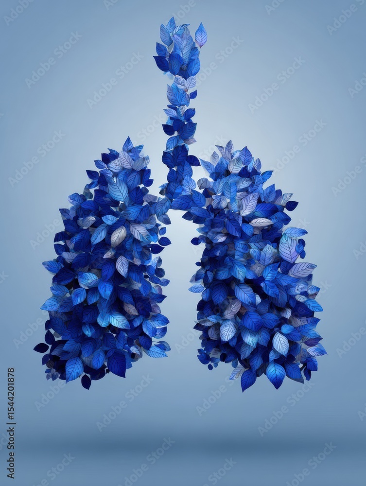 Poster lungs made of leaves against a clean blue gradient background representing nature and health in a cr