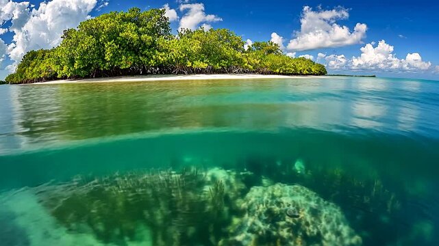 Tropical Island Lagoon Split-Level View