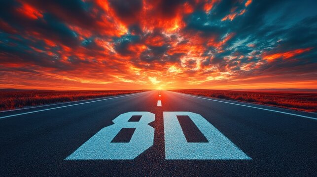 Dramatic sunset over a highway with "8D" painted