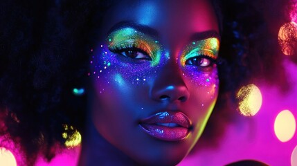 Captivating neon makeup portrait of a woman with vibrant colors and glowing skin tones