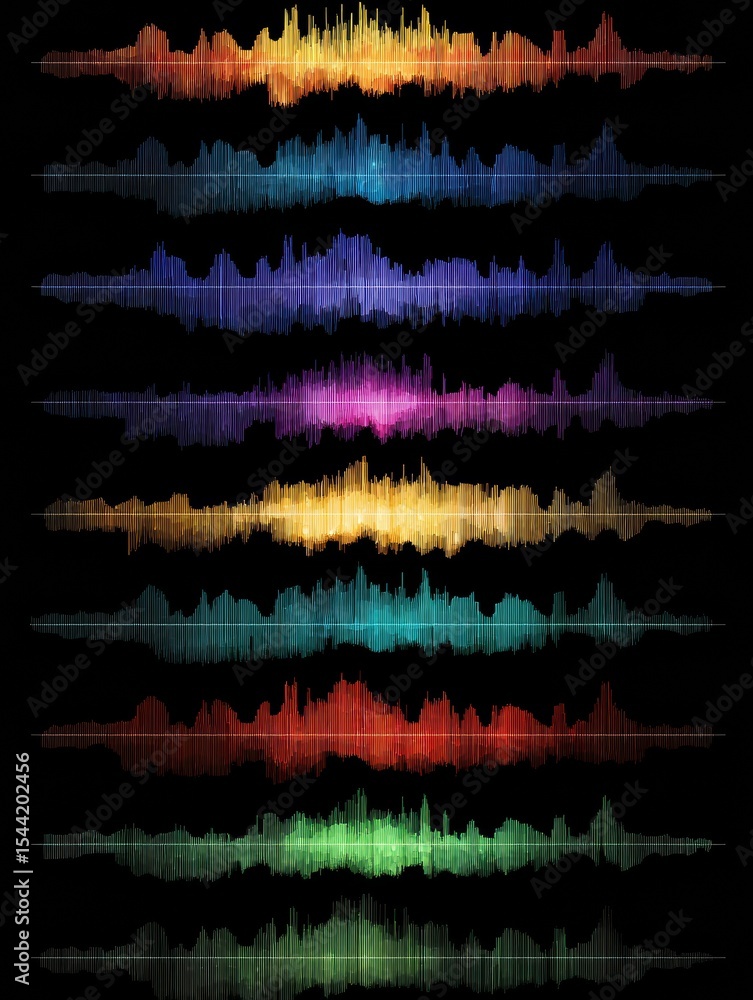 Poster Colorful Audio Waveforms Display the Diversity of Latin Music Genres in a Visually Engaging Comparison Likely Showcasing Their Unique Rhythms and Styles
