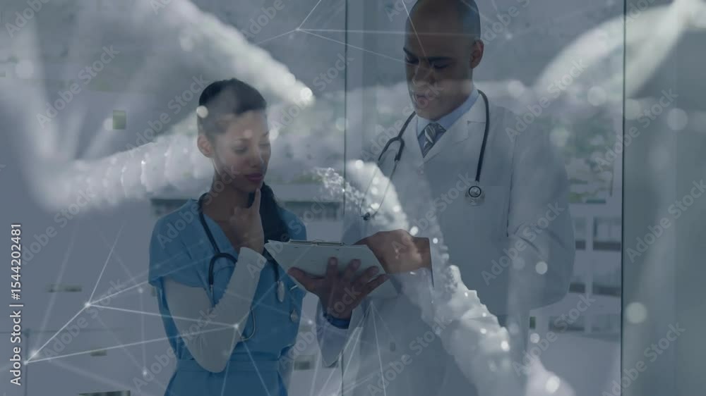 Poster physician with stethoscope scrolling data on tablet and colleague examining dna helix for analysis