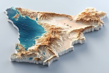 State border of Libya shown as a realistic 3D elevation model with sharp mountains, dry basins, and detailed coastline; Northern Africa view; ideal for maps, presentations, or editorial projects.