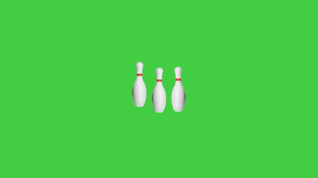 A dynamic 3D animation of a bowling ball rolling down a lane and striking pins. The scene is set in a clean, stylized bowling alley environment, ideal for sports-related motion graphics, video intros,