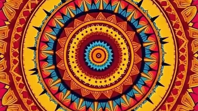Flat psychedelic mandala spinning background loop vector style warm color tone animation 4K

