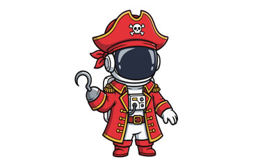 Whimsical Astronaut Pirate Character illustration of an astronaut dressed as a pirate with a hook hand, complete with a red coat and hat, set against a plain white background.