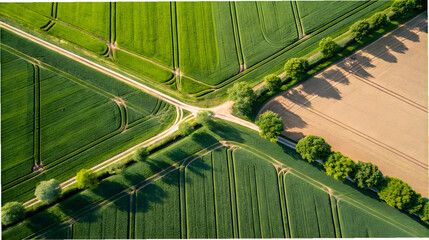 Fototapeta premium Farm landscape, agricultural fields, beautiful countryside, country road. Nature Illustration, photorealistic top view drone, horizontal banner