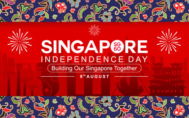 Celebrate 60th anniversary of Singapore National Day. Singapore Independence day 2025 with batik elements, landmark silhouettes and skyline. best for banner, design, poster, template and social media 