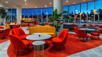 Modern hotel lounge with vibrant colors