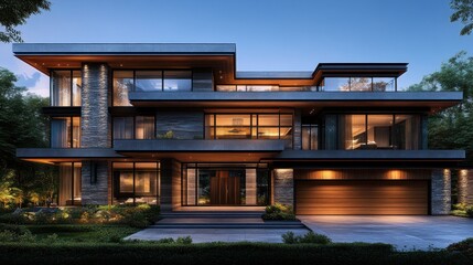 Modern, luxury home at twilight