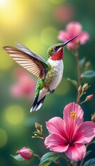 Fototapeta premium Colorful Hummingbird in Flight near Vibrant Pink Flowers with Soft Natural Background