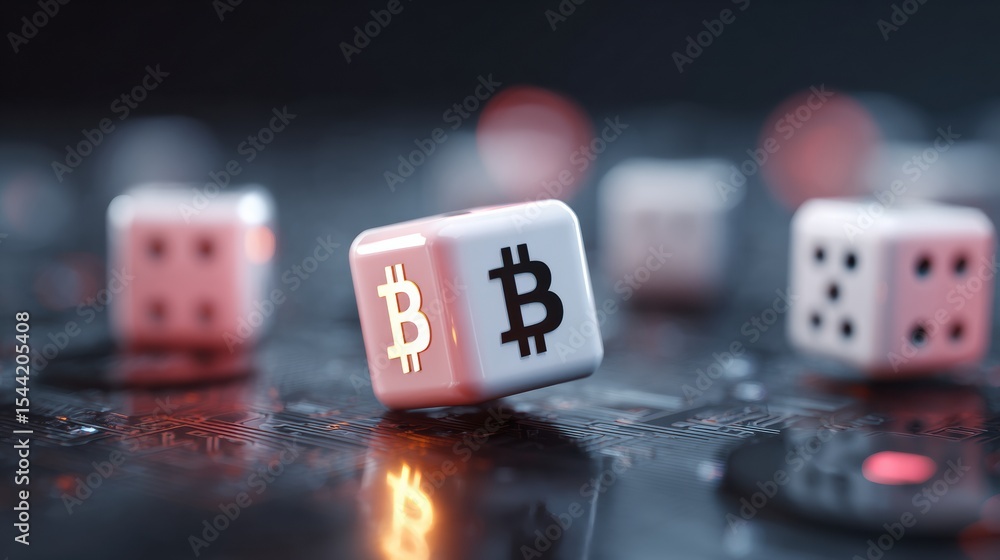 Poster cryptocurrency icon rolls on a digital surface resembling a dice game during a technology-themed eve