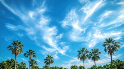 Fototapeta premium Palm trees against a vibrant blue sky with wispy clouds
