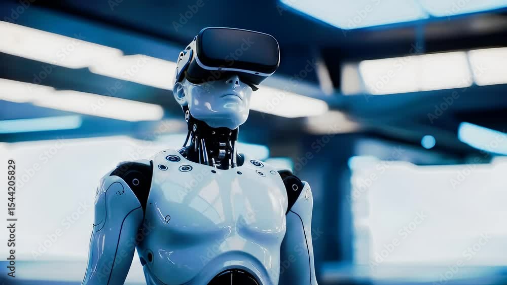 Poster futuristic robot in virtual reality headset with sleek design