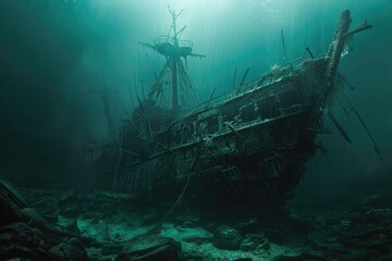 Detailed Visual  of Shipwreck Underwater Concept, Ocean Environtment Background
