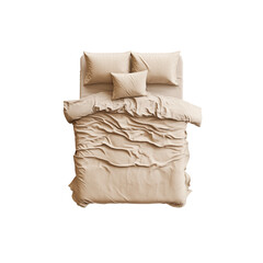 Top view of a modern bed with beige sheets and pillows, isolated

