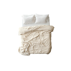 A bed with beige bedding, top view, on a transparent background

