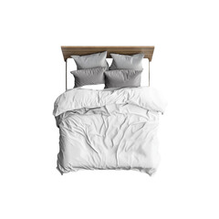 3D render of a bed with grey pillows, white bedding, and a wooden structure

