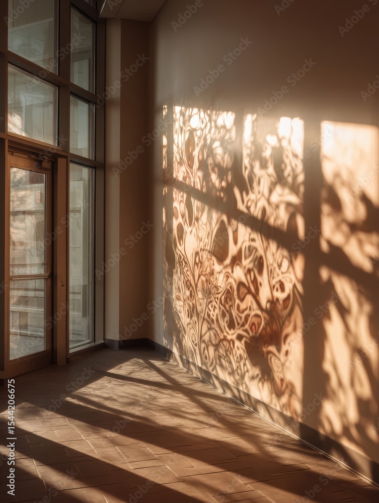 Poster Sunlight Creates Intricate Nervous System Pattern Shadows on a Calm Wall in a Serene Indoor Space During the Late Afternoon