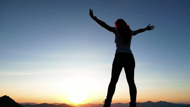 Silhouette of a woman at sunset, embracing freedom and nature's beauty.