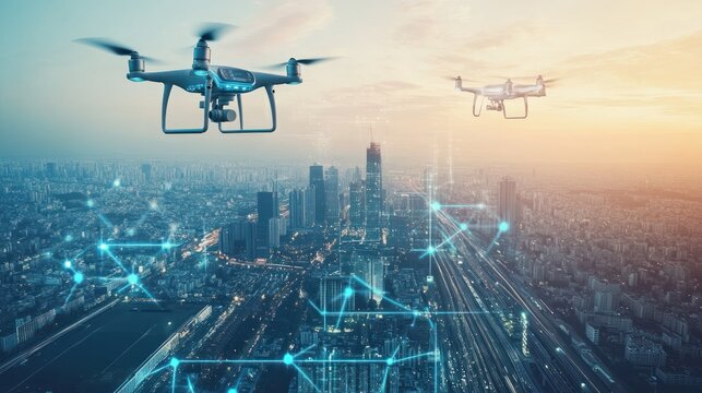 Aerial Surveillance, Drones monitoring the urban landscape with data visualization