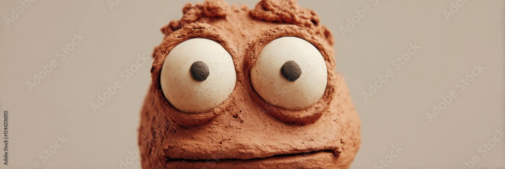 Poster clay character with wide eyes exhibits unique expression, minimal background highlighting its playfu