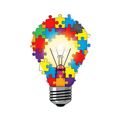 Glowing Lightbulb Made of Puzzle Pieces