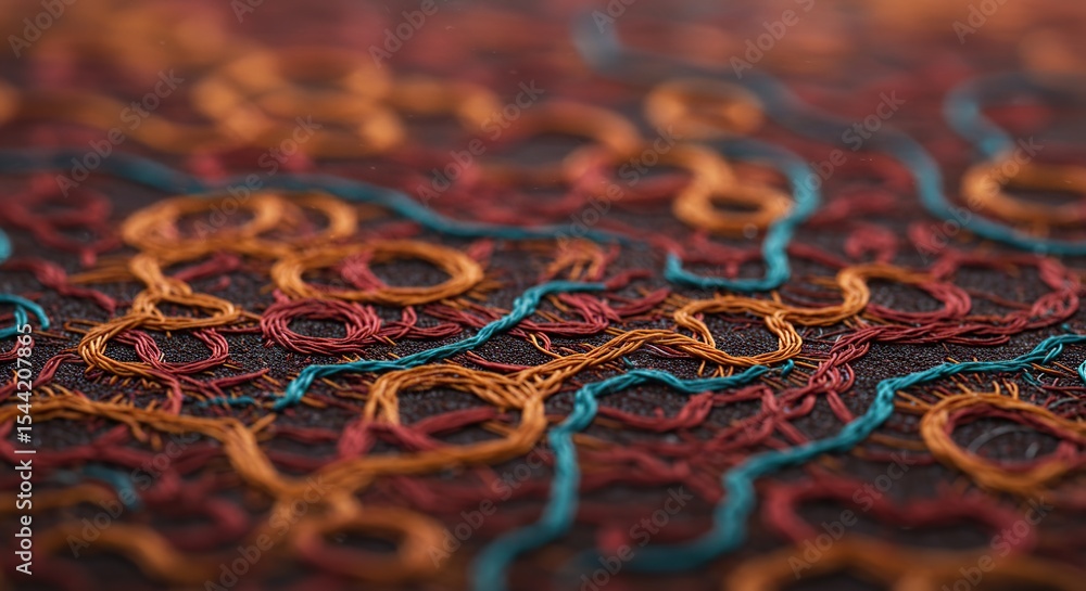 Poster close-up on intricate embroidery with colorful thread detailing and abstract geometric pattern for t