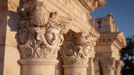 Ornate, light beige stone archway, detailed carvings of faces and foliage, sunlit