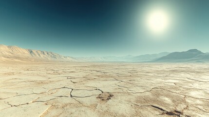 Vast, cracked desert landscape under a bright sun
