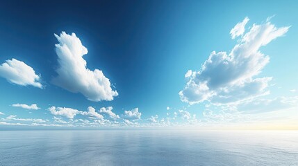 Vast expanse of a placid sea, scattered cumulus clouds, clear azure sky