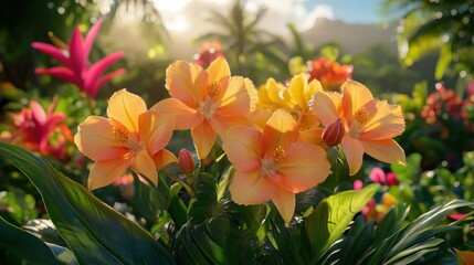 Vibrant orange orchids bloom amidst lush tropical foliage. Sunlight streams through palm trees