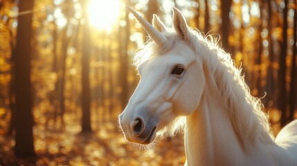 White unicorn in golden autumn forest