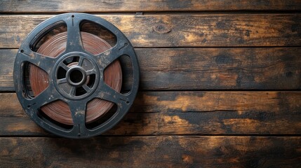 Vintage film reel on weathered wooden planks