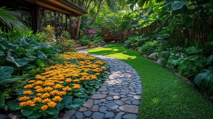 Winding stone path through lush garden